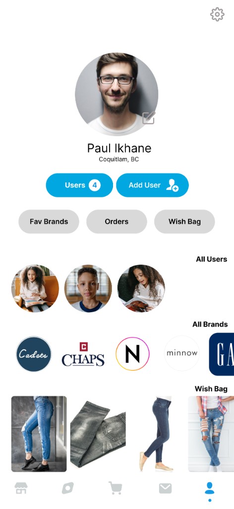 ClothME account screen showing profile, users, brands, and wish bag