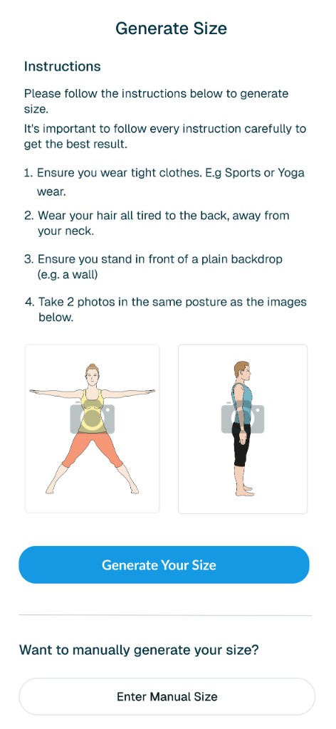 ClothME Generate Size screen with photo pose instructions for sizing