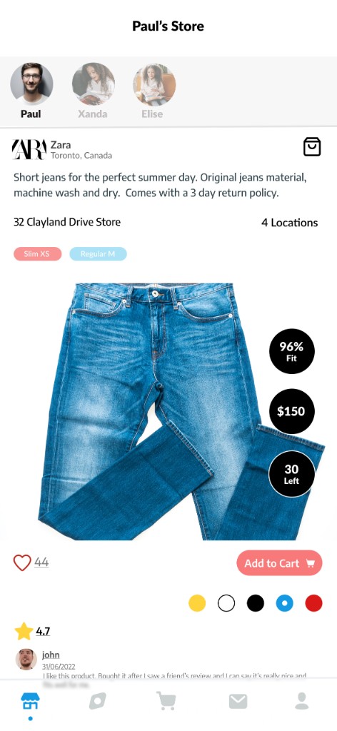ClothME store screen showing a product with fit score and add to cart